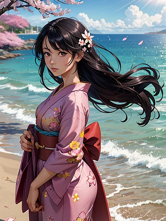 1girl,black hair, floating hair, seaside,scenery,landscape,cherry blossoms, falling petals, sunbeam,god rays,upper body,  RENGE,DRESS,KIMONO