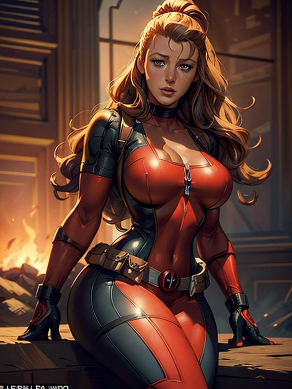 Blake Lively as Lady Deadpool, round breasts, detailed face, beautiful detailed eyes, beautiful detailed lips, extremely detailed face and skin, long eyelashes,hips, thighs , superhero costume, dynamic pose, cinematic lighting, vibrant colors, digital art, 8k, photorealistic, highly detailed, masterpiece