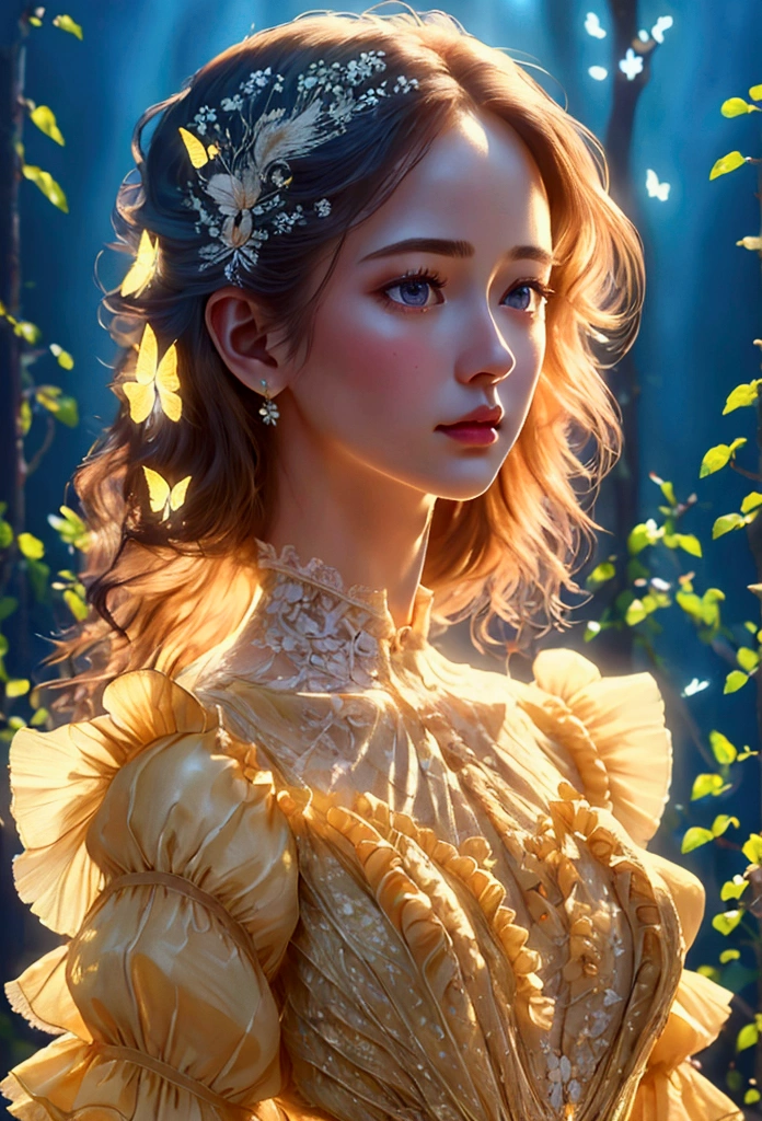 Detailed portrait of a young girl in a yellow dress, butterfly hearts and pleated lace, Edwardian lace dress, (highest quality, 16k, high resolution, masterpiece: 1.2), (detailed, detailed, realistic: 1.37), detailed eyes, detailed lips, highly detailed face, long eyelashes, beautiful dress, elegant pose, vast meadow background with sunbeams, warm tones, soft lighting,