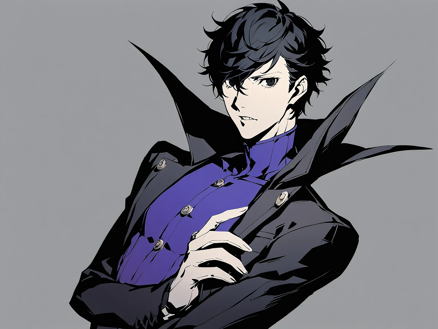 1man, male focus, black eyes, solo, black hair, simple background, looking at viewer, masterpiece, best quality, persona5, adult ren amamiya, antagonist, evil, bad guy