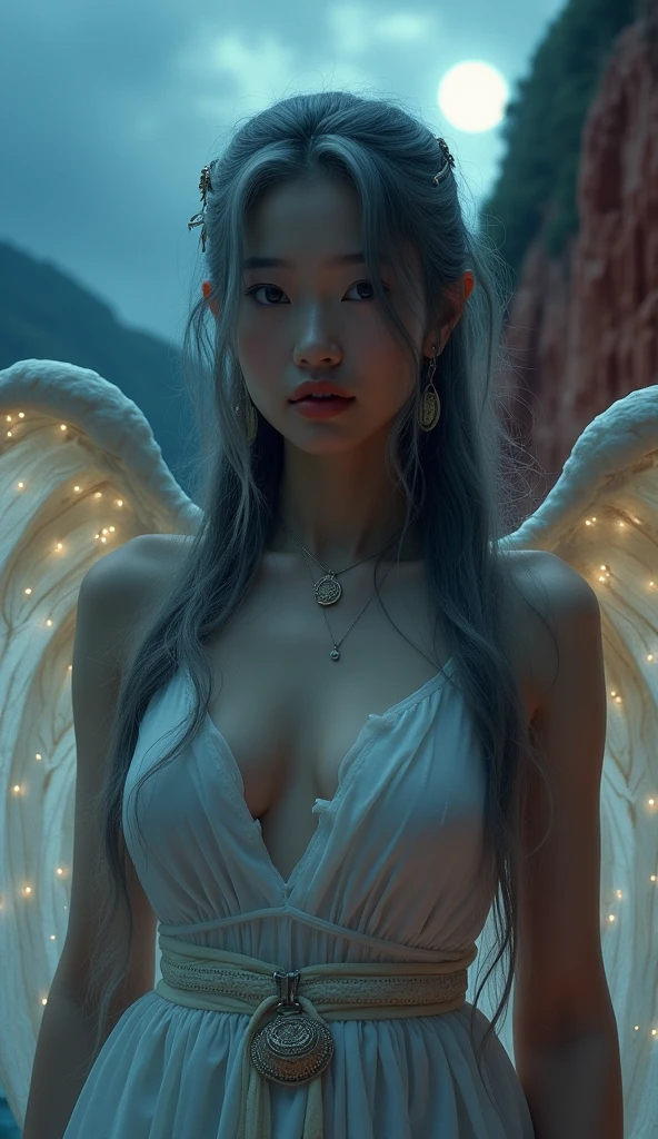 Best Quality, Masterpiece, Full Shot, Full Body, Hip Level Shot (Pretty Witch in Gorgeous Blue and Gold Dress) 1girl, Brown Hair, Blue Eyes, Long Hair, Floating on Rocky Desert Countertop, Astribution, Power Pose, Glow, Golden Glow (White Angel Wings: 1.1), Arrogant Expression, Looking into the Distance, (Vibrant Rock Stripes), (Peaks: 1.2), (Flight: 1.3) In an Intricate Vivid Starry Sky, Comets and (Psychedelic Nebula: 1.2) In the background, (tear: 0.3) and toned body, (muscular women: 1.0), (night: 1.2), (blue hours: 0.3) vivid and vibrant dark detailed HDR galactic background, (God ray: 0.4), striped light, side lighting, vivid colors (realism: 1.2), (film grain: 1.0), highly detailed motion picture film from Gravity 2013