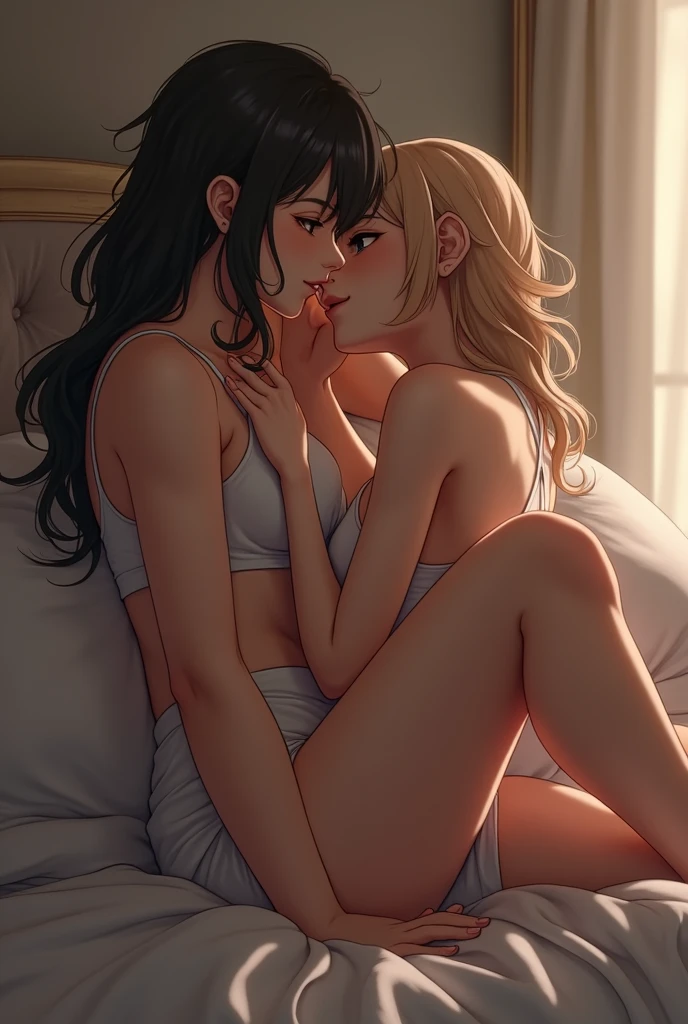 superflat, flat shading, flat colors, masterpiece, best quality,  30_year_old mother and 12_year_old daughter petite loli, white lingerie, standing in bedroom, shy, blush, kissing, hugging, best shadows, watercolor,