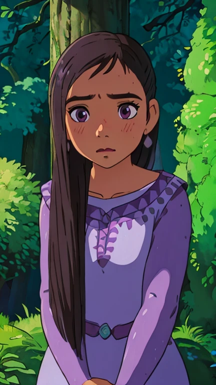 (a girl as Asha), (extremely detailed CG unit 8k wallpaper),(master part), (best quality), (ultra detail), (best illustration),(ghibli style), cowboy shot,(Sharp eyeliner, ombre, detailed eyes:1), woods, outdoors, GHIBLI_Background,break,upper body, purple dress, (lora:washav3:0.8)