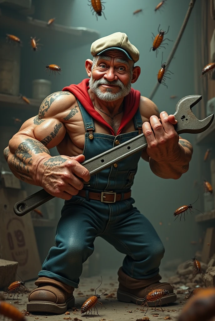 A man with light blue skin, highlighted by purple and green stripes on his muscular body. He is wearing boots and a pair of leather shorts, displaying his strength and robustness. Its head is that of an imposing bull, with large horns that radiate yellow and red flames, adding a touch of power and energy. Put it inside an old workshop, filled with old, worn-out cars, with tools scattered around. Explore the rough textures of the environment and create a contrast between the character's imposing appearance and the worn-out setting of the workshop. Convey your determination and vigor through your confident posture., Surrealism, high detail, ray tracing, drop shadow, speed lines, vanishing point, UHD, retina, masterpiece, award winning, 8k, best quality, high details