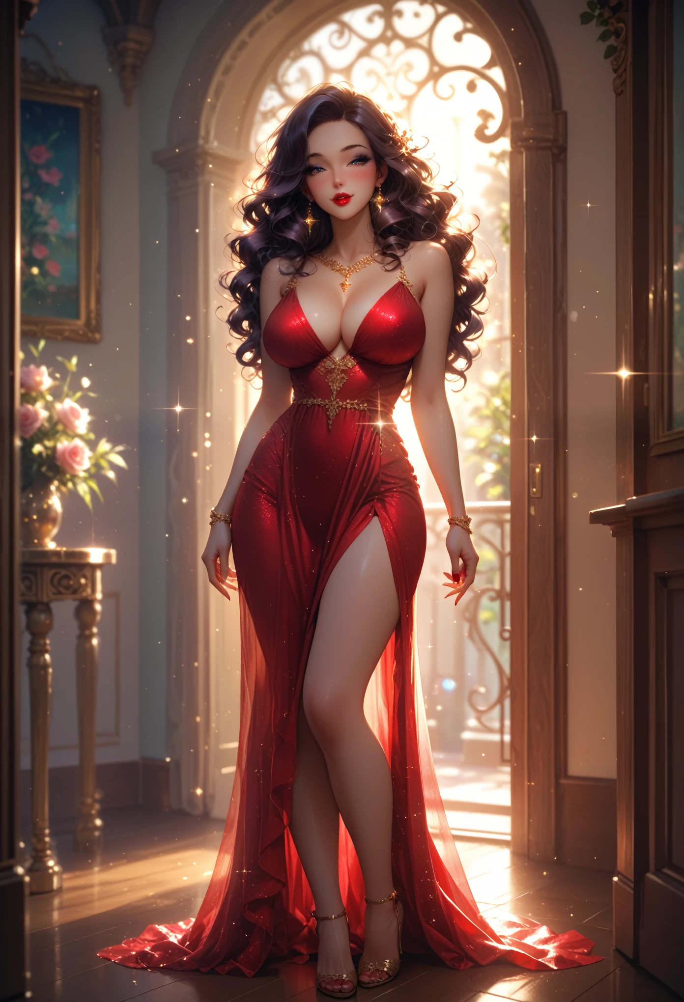Drunk Girl, full height, blush, Eyes sparkle, seductive, large forms, big breasts,  Ideal anatomy, Flirting with the Viewer, Soft Tender Lips Red Lipstick, Voluminous Long Curly Hair, Like a Goddess, Beautiful, stands on the Veranda with a beautiful view, soft lighting, A game of shadows, highest quality, masterpiece,core_9, score_8_up, score_7_up,