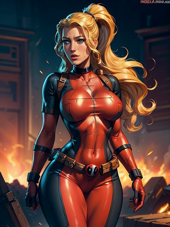 Blake Lively as Lady Deadpool, round breasts, detailed face, beautiful detailed eyes, beautiful detailed lips, extremely detailed face and skin, blonde hair, long eyelashes,hips, thighs , superhero costume, dynamic pose, cinematic lighting, vibrant colors, digital art, 8k, photorealistic, highly detailed, masterpiece