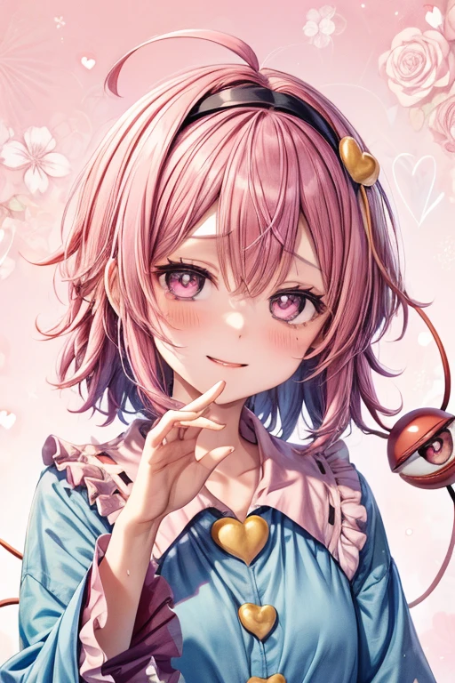 masutepiece, Best Quality,  komeiji satori
1girl,ahoge, pink hair,pink eyes,short hair,hairband, frilled shirt collar,blue shirt,pink skirt,floral print,long sleeves, wide sleeves, sleeves past wrists,heart ,Smile,(Eyes of Hearts),Bedroom background,Face during estrus、Courtship attitude、A slender、Only the upper body is visible、a closeup, full-face blush,heart-shaped pupils, (Incoming Kiss:1.2), torogao