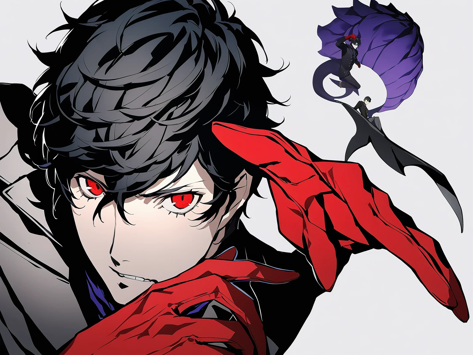 1man, male focus, red eyes, solo, black hair, red gloves, simple background, looking at viewer, masterpiece, best quality, persona5, adult ren amamiya, antagonist, evil, bad guy