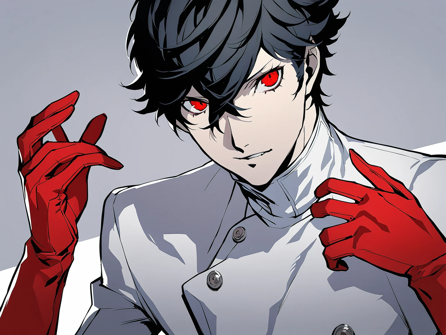 1man, male focus, red eyes, solo, black hair, red gloves, simple background, looking at viewer, masterpiece, best quality, persona5, adult ren amamiya, antagonist, evil, bad guy