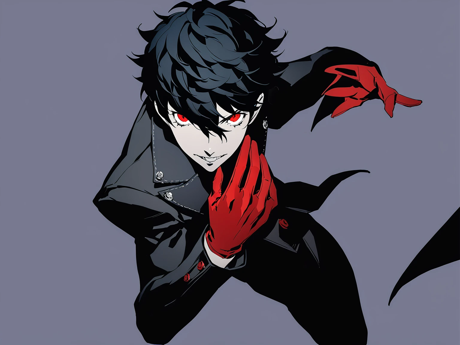 1man, male focus, red eyes, solo, black hair, red gloves, simple background, looking at viewer, masterpiece, best quality, persona5, adult ren amamiya, antagonist, evil, bad guy