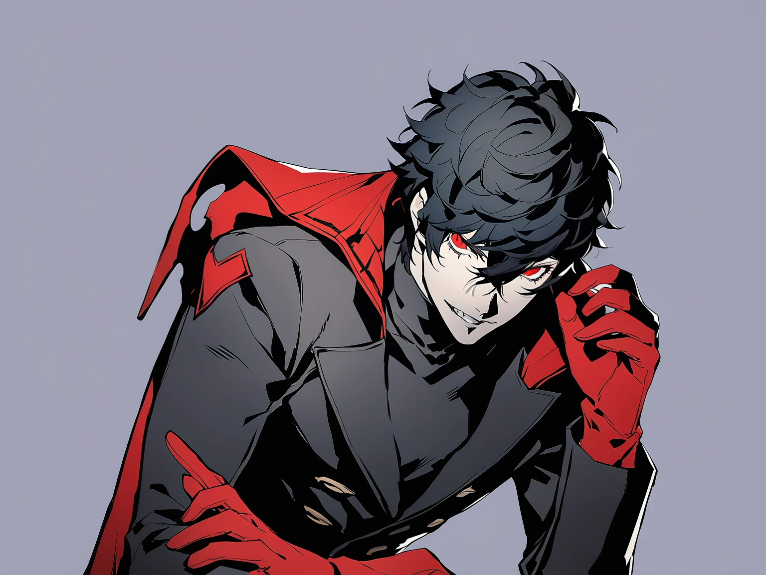 1man, male focus, red eyes, solo, black hair, red gloves, simple background, looking at viewer, masterpiece, best quality, persona5, adult ren amamiya, antagonist, evil, bad guy