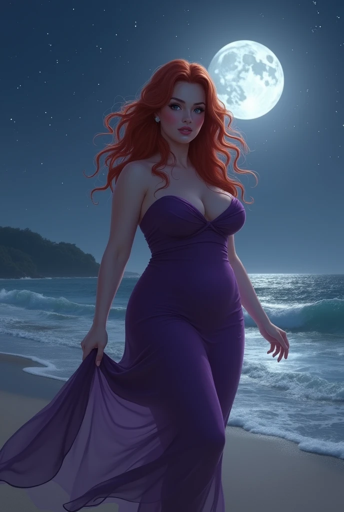 Giant alien Goddness naked female with thick full body view from her feet to her head,long curly red hair,very hairy vagina view , Standing on the beach under the moon light. Completely naked,UFO flaying saucer shooting lighting bolts.