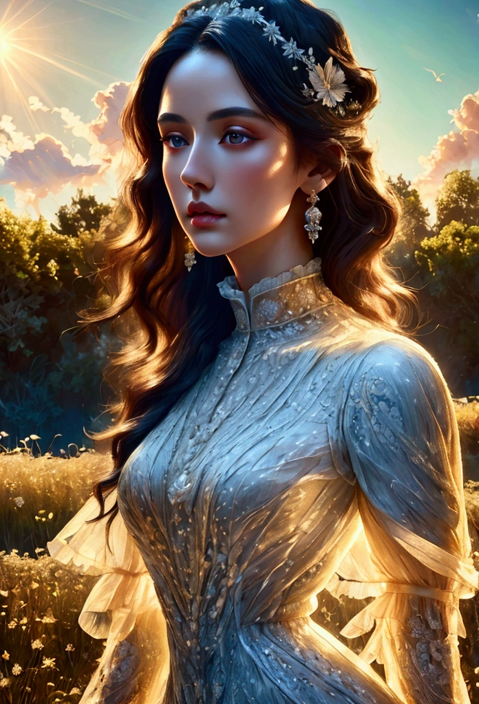 black hair, Surrealism, super detail Edwardian lace dress, (highest quality, 16k, high resolution, masterpiece: 1.2), (detailed, detailed, realistic: 1.37), highly detailed face, beautiful dress, elegant pose, vast meadow background with sunlit sky, warm color tone, soft lighting,