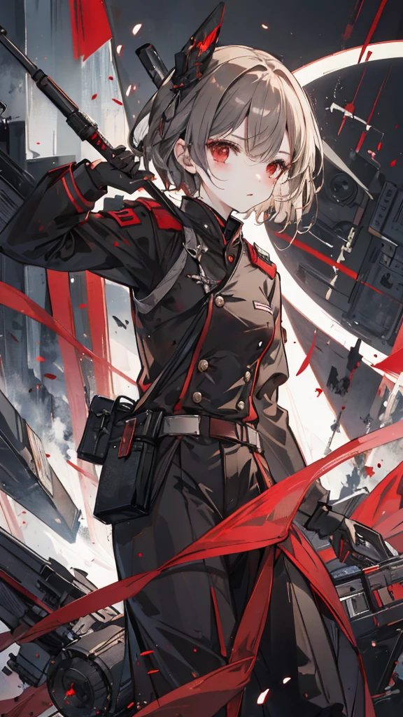 Cute girl, military uniform, black military uniform, black coat, white fur, long black hair, red mesh, modest chest, small breasts, big red button on the coat2Put on a black eyepatch on your left eye, put a red X on the eyepatch, show me your whole body up to your waist, face me, let me hold your hunting rifle, and take off your hat.