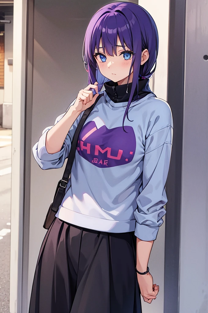 masterpiece, best quality, high quality, ,dark forsest, 1girl, solo, 19-year-old girl,female focus, looking at viewer , purple hair,black T-shirt ,black mini skirt , blue eyes, dare sky