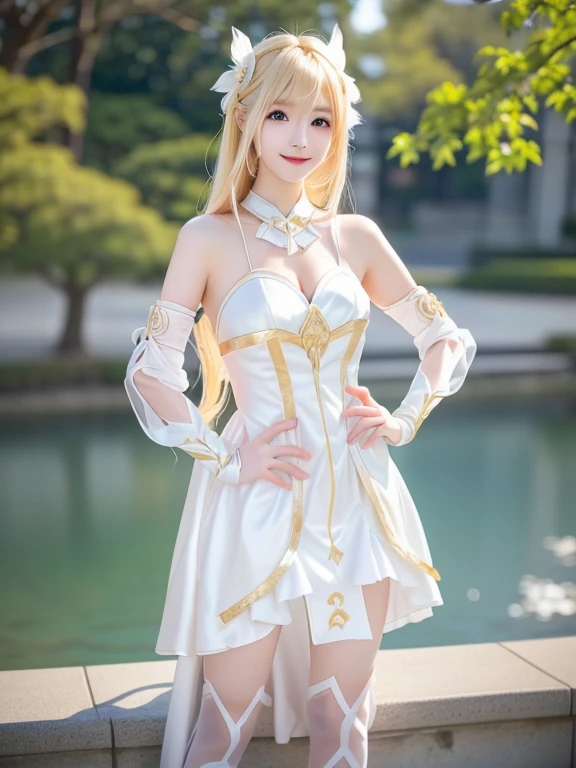 Photo-realistic quality、20 year old Japanese model posing in cosplay、Cosplayer wearing a white dress、Anime Cosplay、full-cosplay、Looking at the camera、Detailed and beautiful eyes、Cute smile、A soft and gentle look、The background is the lakeside、Blonde