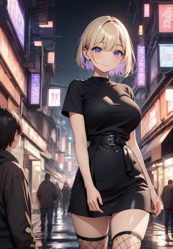 Only focus on face, sexy cute girl, short blondy hair, colored ambient lights, street background, long eyelashes, cute clothes, rose eyes, cute Leaning forward pose, boobs in view