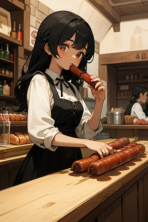 Two dimensions,girl,small breasts,maid,salesperson,hot dog shop,naked pussy tits naked nipples pussy juice,black hair,ponytail,Man Juice Man Juice,smile,Kneeling,spread legs