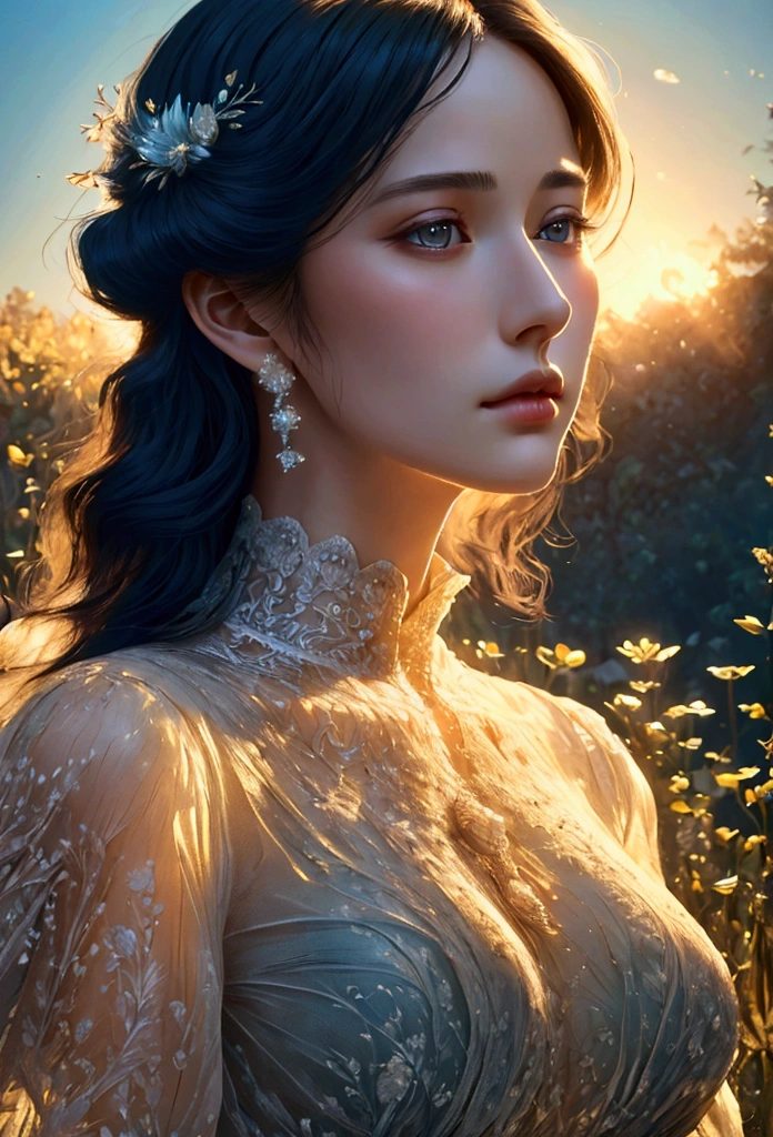 Black hair, surrealism, A highly detailed Edwardian lace dress., (Top quality, 16k, High resolution, masterpiece: 1.2), (particular, detail, Realistic: 1.37), very detailed face, Beautiful dress, Elegant pose, A vast grassland background with a sunny sky, warm tones, soft lighting, detail,