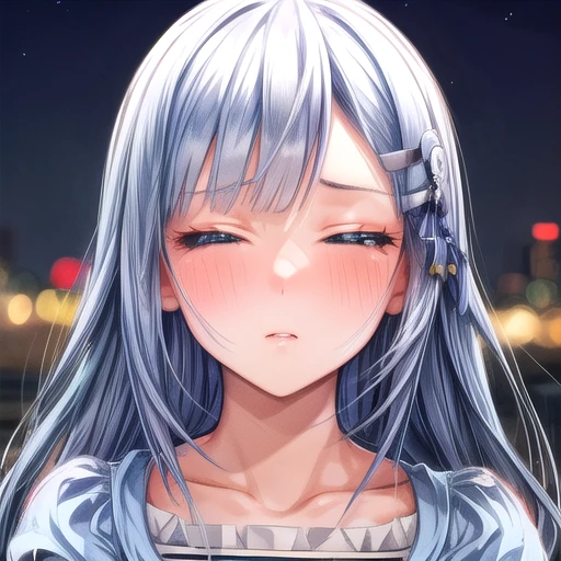 (best quality), (masterpiece), (highres), (depth of field), extremely detailed girl, illustration, sharp focus,(full face :1.5),1 girl, Alone,(sharp focus), simple background, atsu mug, long hair, low-tied long hair, blunt bangs, hairclip, collarbone, short sleeves, blue jacket, white dress, puffy sleeves, open clothes, floral print, blue hair, embarrassed, blush  face focus, close up, both eyes closed, night time, def1,blush