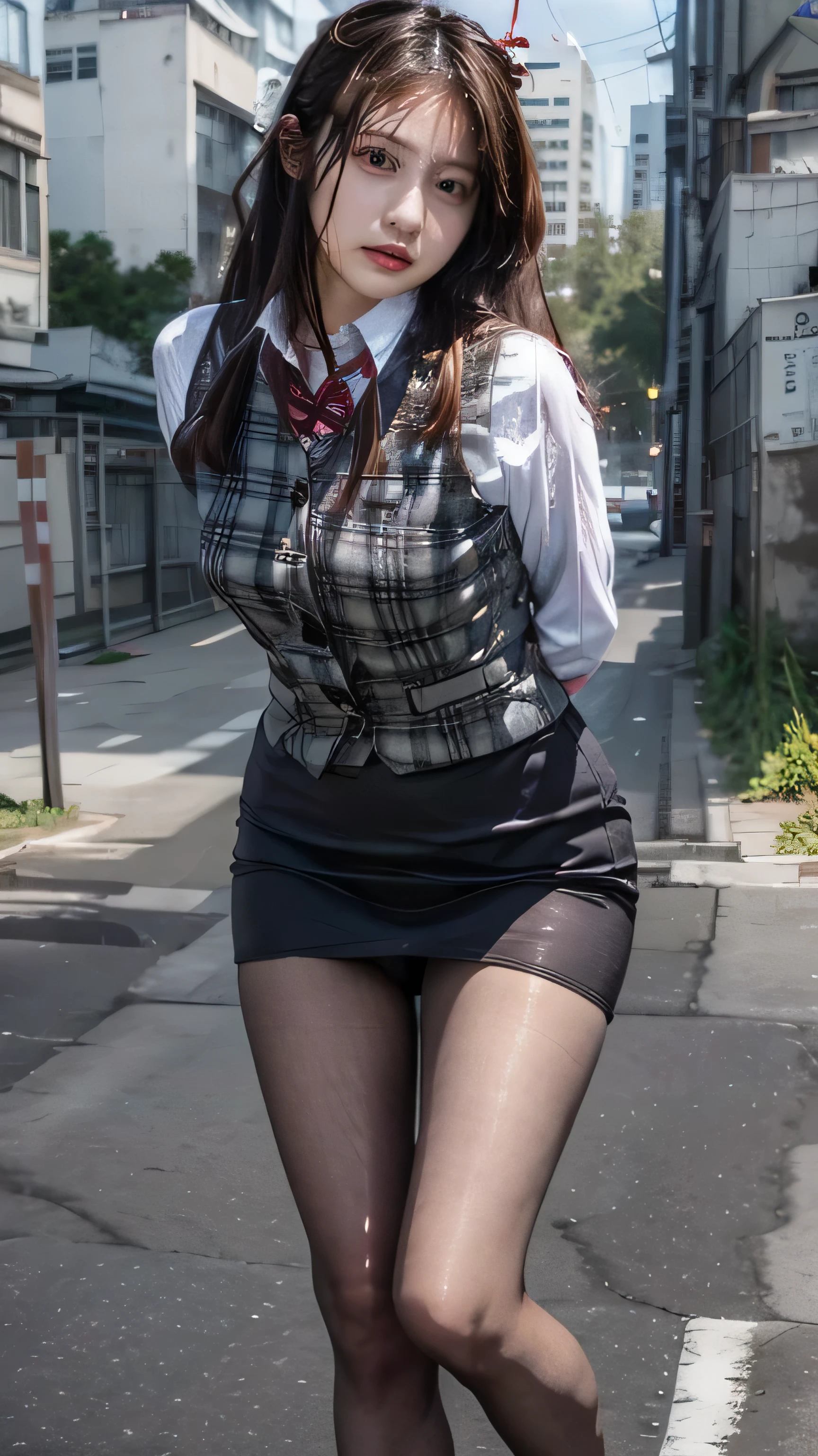 (((masterpiece))), (((highest quality: 1.4))), ((Very detailed: 1.4)) , (Realistic), (Genuine:1.4), １girl、Perfect Anatomy、4、Incredible beauty、Voluptuous mature woman、 Perfect look，double eyelidの目，Delicate makeup，Cool Beauty,　Accurately expresses details such as face and skin texture,(The most beautiful face and eyes), double eyelid,Delicate skin,Looking into the camera、Medium Long Hair、Plaid vest、((Are standing:1.3))、(Ultra-realistic pantyhose:1.2), (High heels)、(Business services)、Victim actress, shame、Shyness、evidence、Seized items、Red lips, blush,Edo Conquest Strategy、 BDSM, Inside an abandoned factory, shibari, handcuffs, collar, (suspension:1.6), Arms tied, Place your arms behind your back, Inhibition, Leaning forward,