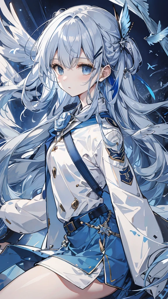 flying fish，Blue gray military uniform，[blue belt，silver hairpin，Long light blue hair