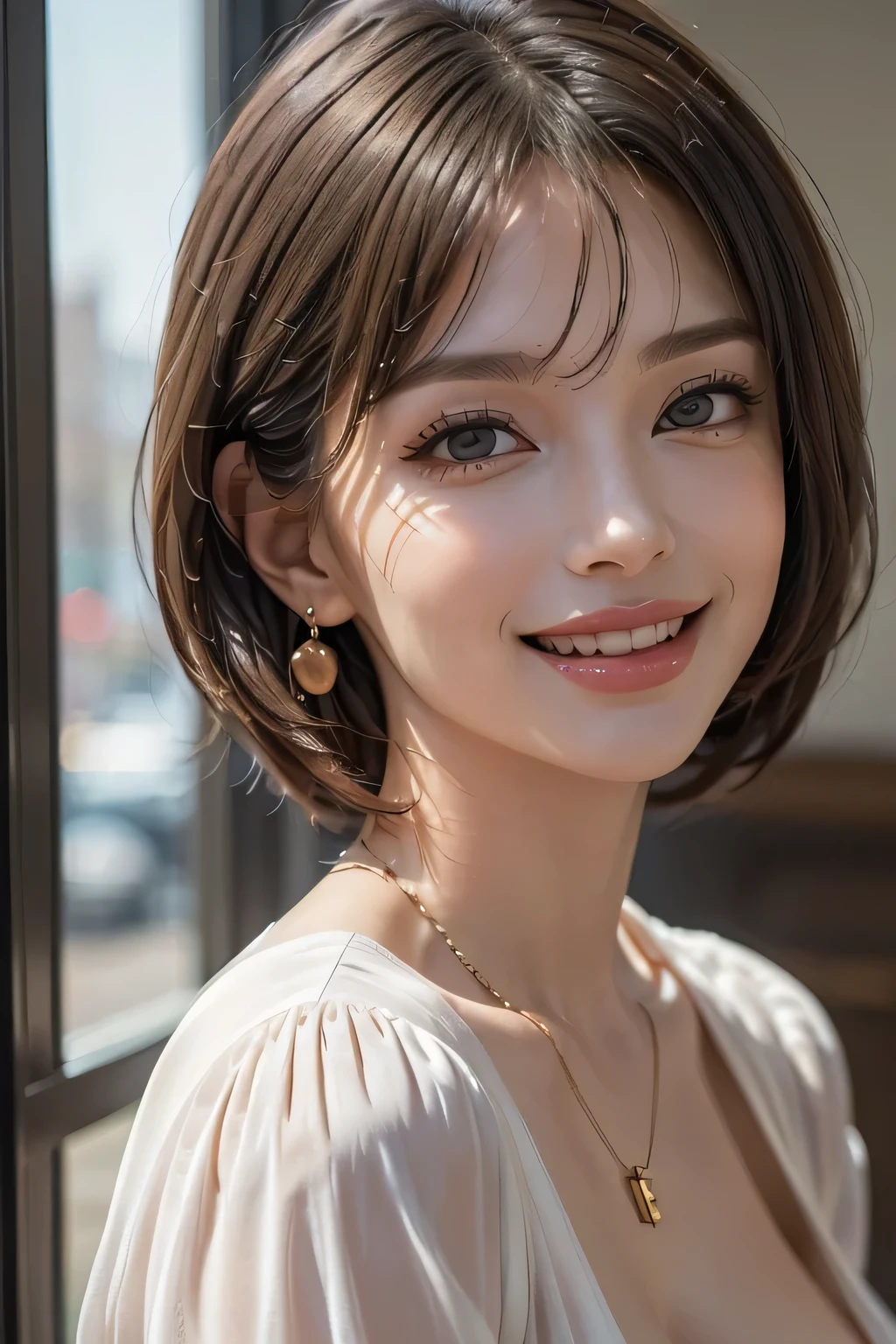 (1. Beautiful Woman, Supermodel), (Perfect Anatomy), Anatomically correct body shape, (Cowboy Shot), Golden Ratio, (Best Quality:1.4), 32k resolution, (Realistic:1.5), (超Realistic:1.5), High resolution UHD, (masterpiece:1.2)), (Improved quality:1.4), (Very beautiful facial details), (Grin), (Best QualityのRealisticな肌のテクスチャ), ((Random color silk dress:1.37)), Big earrings, necklace, (Huge breasts:1.3), (thigh), (Huge Ass), Accurate Fingers, Very detailed, Beautiful Eyes, Double eyelids, eyelash, Shaping your eyebrows, ((Very detailed)), Red cheeks, Ultra-realistic eyes, Perfect Lips, Perfect Eyes, Perfect Iris, Natural Makeup, [Pink lipstick], ((A great eye for quality:1.2)), (Beautiful Lips:1.33), (Great nose:1.2), (brunette pixie cut), ((Realistic)), ((Sharp focus)), (Highest Resolution), ((The most ridiculous quality)), ((masterpiece)), Professional Cinema Lighting