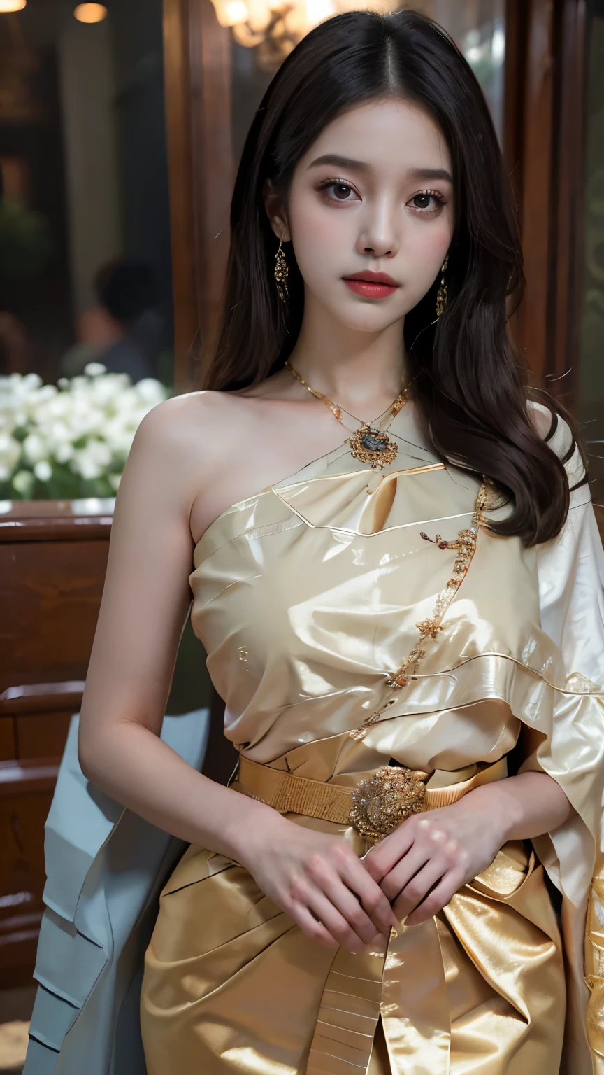 (raw photos:1.2), (realistic:1.4), (Masterpiece:1.3), (best quality:1.4), Ultra high resolution, (Detailed eyes), (Detailed facial features), (Detailed clothing features), HDR, 8K resolution, Focus only, Dressing according to Thai tradition, traditional shawl , 1 woman , Huge breasts, A gigantic rift, Big breasts push up clothes, big breast, fully grown breasts, small waist, Facing the audience, Full body, depth of field, Cinema-grade lighting,