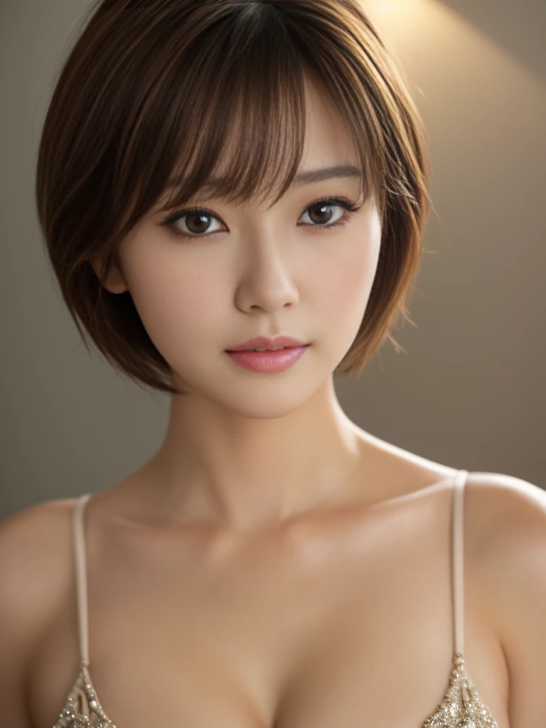 Beautiful 28 year old woman。She wears a tight camisole in light purple satin fabric。Open chest camisole in black lace。smile gently。her dark brown hair、、Her hair is straight short bob hair。High resolution、masterpiece、highest quality、Head w:1.4、((Hasselblad Photos))、fine skin、fine texture、sharp focus、(movie lighting)、clavicle