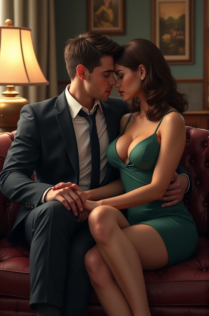 The man in his 55s with black very short hair and smooth face with moustache. The woman in her 55s with brown long wavy hair. In the outside garden with yellow lilies. Night, dark, dim. The man is wearing unbuttoned black shirt. The woman is wearing green dress. The woman is sitting the iron table. Missionary sex. The woman is moaning. Orgasm. Passion. Erotic. Ultra realistic.