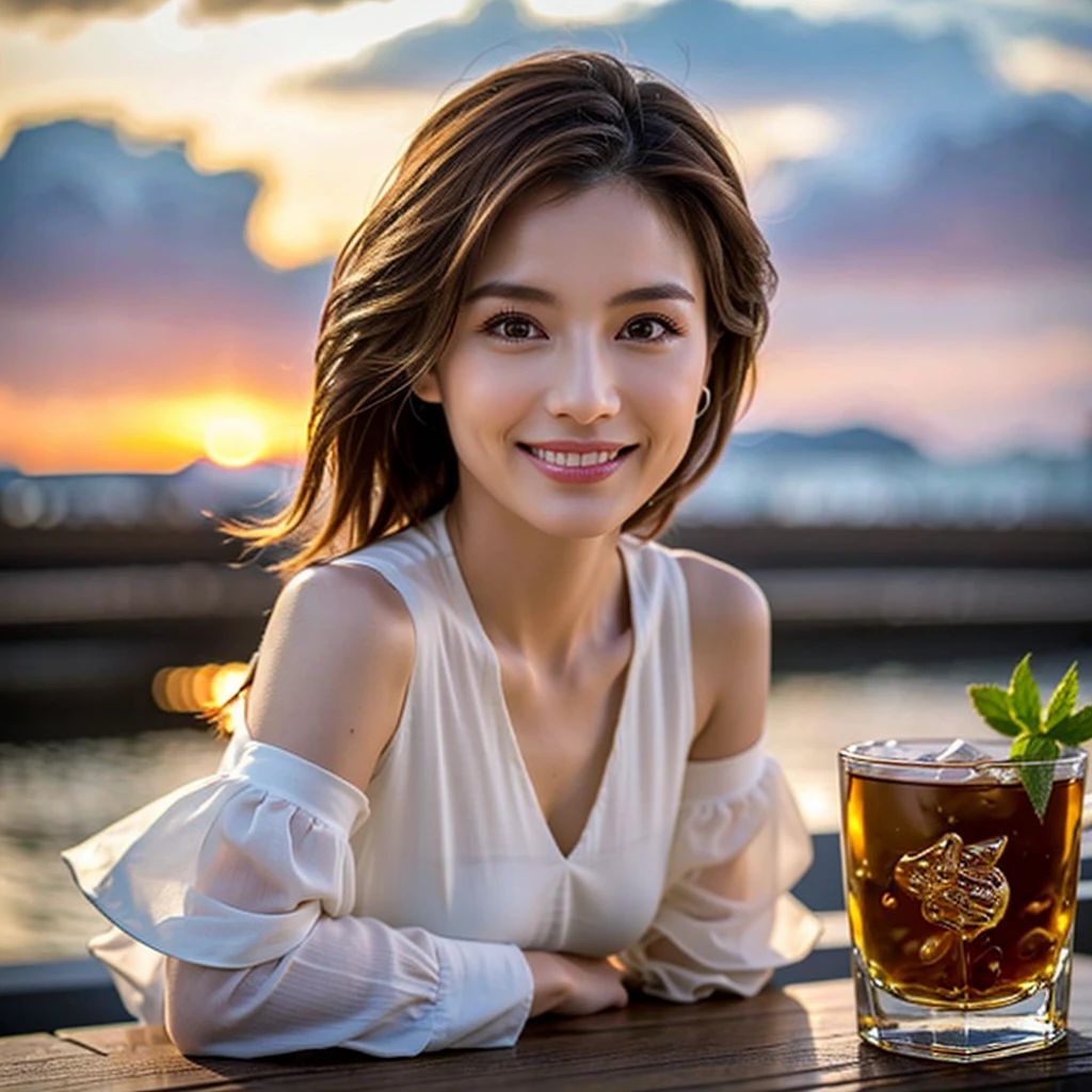 (Realistic, 超Realistic:1.4), 16K HDR, High resolution,((Whiskey Glass)),((Whiskey Bottle)),((Whiskey Glass)),Happy Smile、Short Hair,The best smile、Japanese Actress,so beautiful(It looks like the real thing),Evening Dresses,Cocktail Dresses、Whiskey Bottle、The Macallan、Johnnie Walker、、Old Parr、whiskey、Slim couple、Model Couple、(Realistic, Intricate details:1.2), Single Malt、scotch、Rocks glass、Shot Glasses、Whisky on the Rock、Scotland、Amazing view of the sunset sky and clouds、,Digital SLR camera, Soft lighting, Detailed Background, Volumetric lighting, Sharp focus, super Realistic 肌,so beautiful表現です,Cloud Effect:1.2、プロ品質のHigh resolution、Best Quality,Slim figure,Highly detailed face,Detailed eyes,Beautiful Lips,Excellent light particles,Cinema Lighting