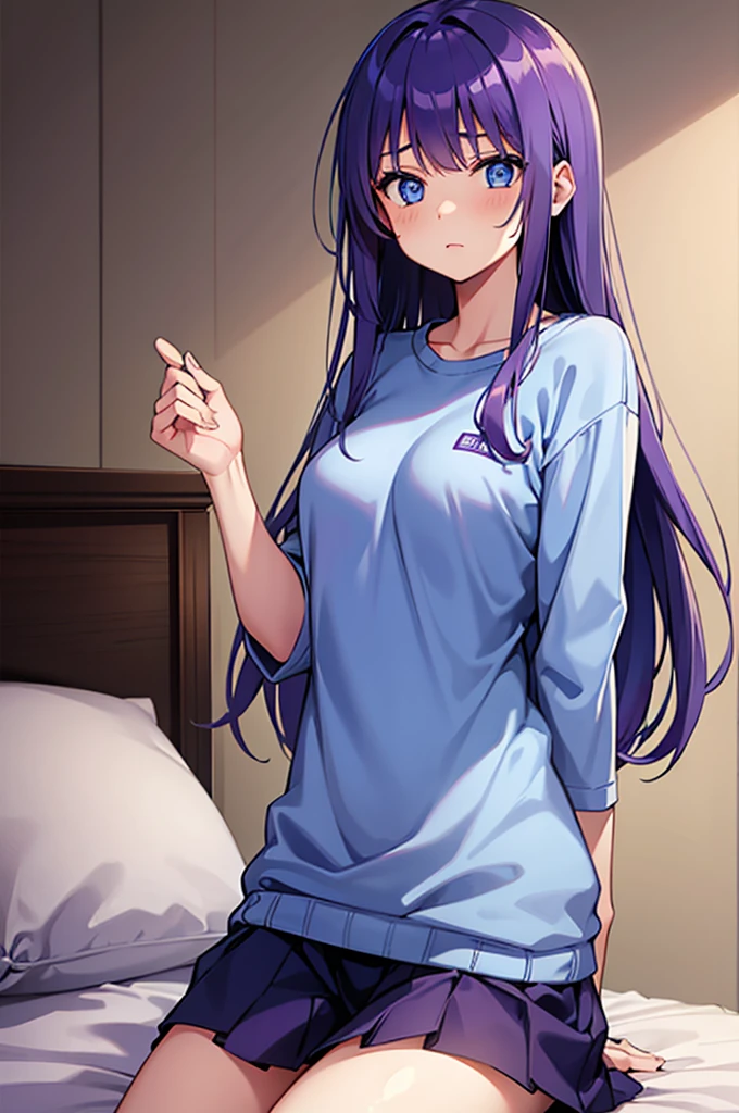 Best Quality, Masterpiece, 1 girl, (Alone:1.1), ray tracing, ultra detailed,detailed face, 8K Wallpaper, detailed eyes and face, blue collection fur, pose sensual, serious look with closed mouth, blushing and completely sweaty, he is wearing a wool sweatshirt, and nothing more, she has a dildo stuck in her pussy