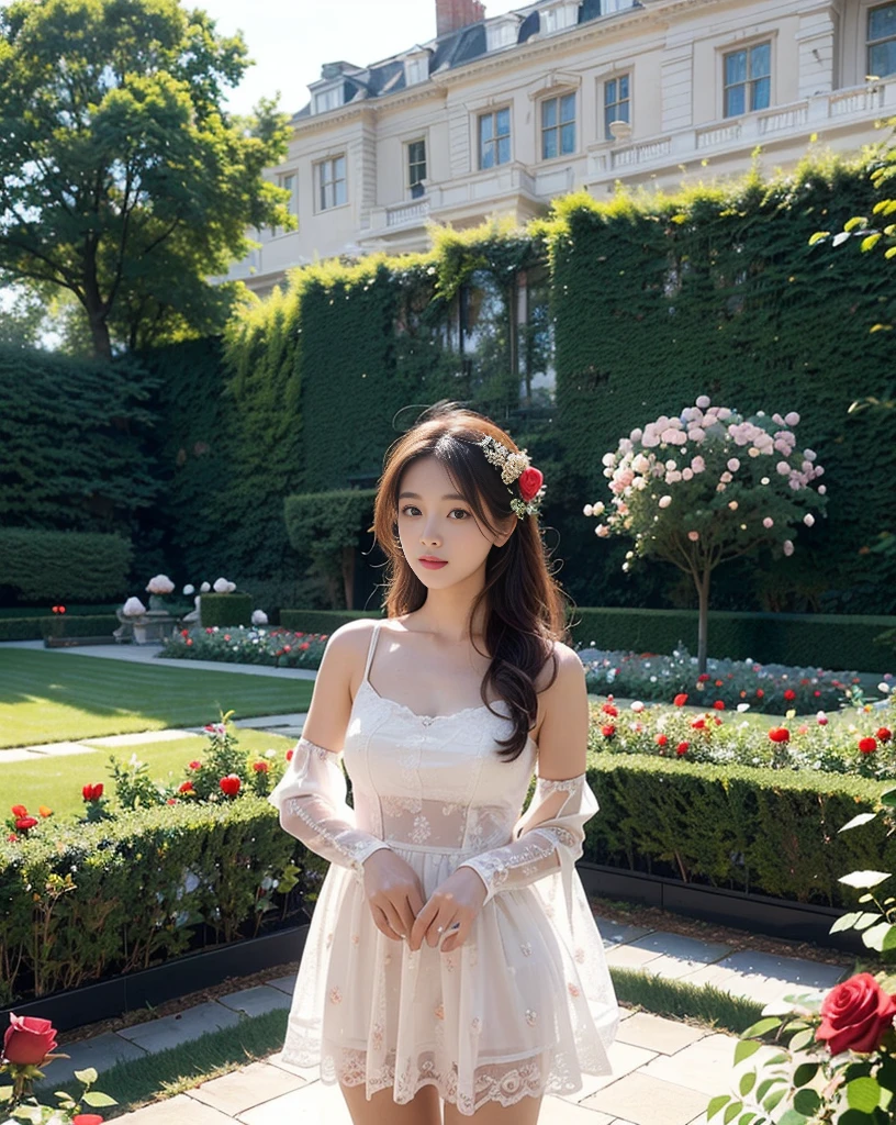 ((The large, empty garden of a mansion, Roses are blooming)), (Alone), Very detailed, (beautiful girl:1.3, Baby Face:1.5, Idol&#39;s face), (Beautiful Face, (Cute small face:1.3, Beautiful Eyes, Thin eyebrows, (Big eyes:1.2), Nose is too small, Seductive lips, Beautiful and detailed:1.5), (Very detailed顔), Extremely detailed and sharp, Enchanting girl, Attractive girl), (Expressions of sexual pleasure), (A cheerful and cute Japanese girl), (Slender body line, Small and slim figure, Underbust, Underdeveloped breasts:1.3, ((完璧な8頭身のbeautiful girl)), Perfect Proportions, Slim waist, Slim butt, Slim thighs, Smooth and delicate body), , (((Cheerleader:1.5, Navy blue school swimsuit))), ((Sweaty all over, The clothes are soaked with sweat)), (Slim, small and beautiful attractive ass, Slim and beautiful attractive thighs), ponytail, (Fine hand, Perfect hands, Beautiful little hands:1.2), ((Perfect Anatomy:1.2)), (reality:1.4), (Best Quality, 16k, 32K, masterpiece:1.3,RAW Photos), Ultra-high resolution, Film Grain, chromatic aberration, Sharp focus, Face Light, Professional Lighting, (Detailed eyes and face:1.4, Professional camera techniques, Cinema Lighting),