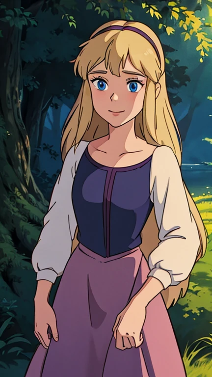 (a girl as princess eilonwy), (extremely detailed CG unit 8k wallpaper),(master part), (best quality), (ultra detail), (best illustration),(ghibli style), cowboy shot,(Sharp eyeliner, ombre, detailed eyes:1), outdoor, Disney forest, GHIBLI_Background,break,upper body, bodice, long sleeves, princess eilonwy, hairband, skirt, smile, looking at viewer, 