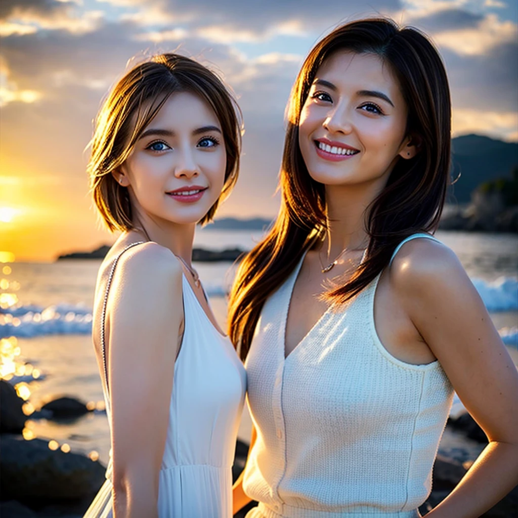 Mom and daughter are smiling and holding hands, with a beautiful sunset in the background. They have similar features and are wearing matching dresses. Love and happiness radiate from their faces.