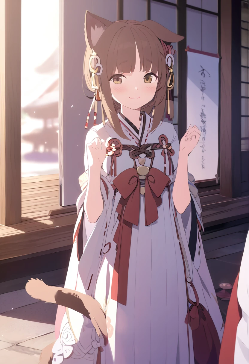 Viewer discretion advised、Masterpiece、One 、Shrine maiden costume、shrine、Cat ears and tail、Cute single tusk、Very small breasts、Brown Hair、An innocent smile、One fat man、A man and a girl are talking、A distant view、A view that allows you to see the whole body