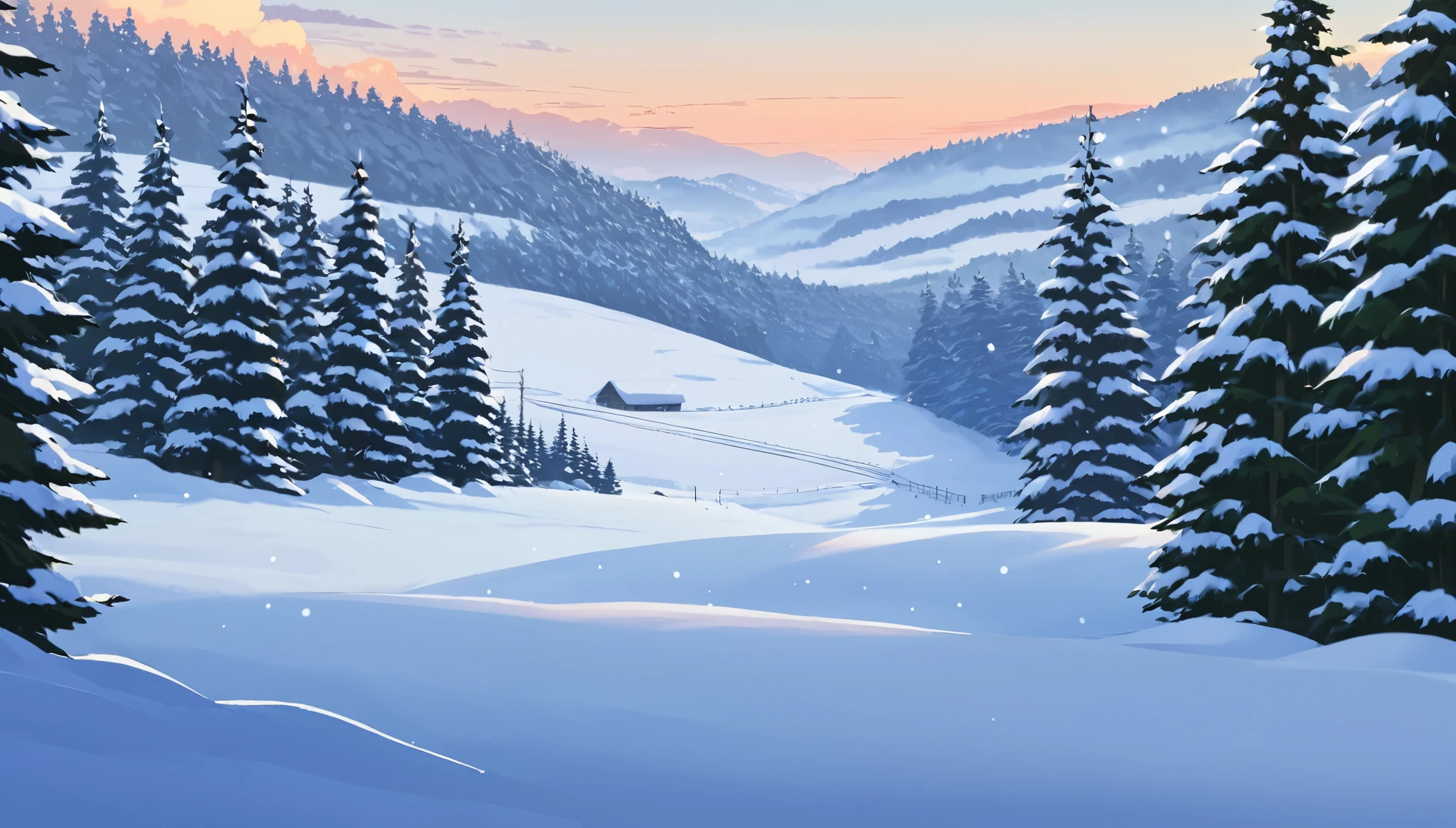 Snowy mountain scene with pine trees and a cabin in the distance ...
