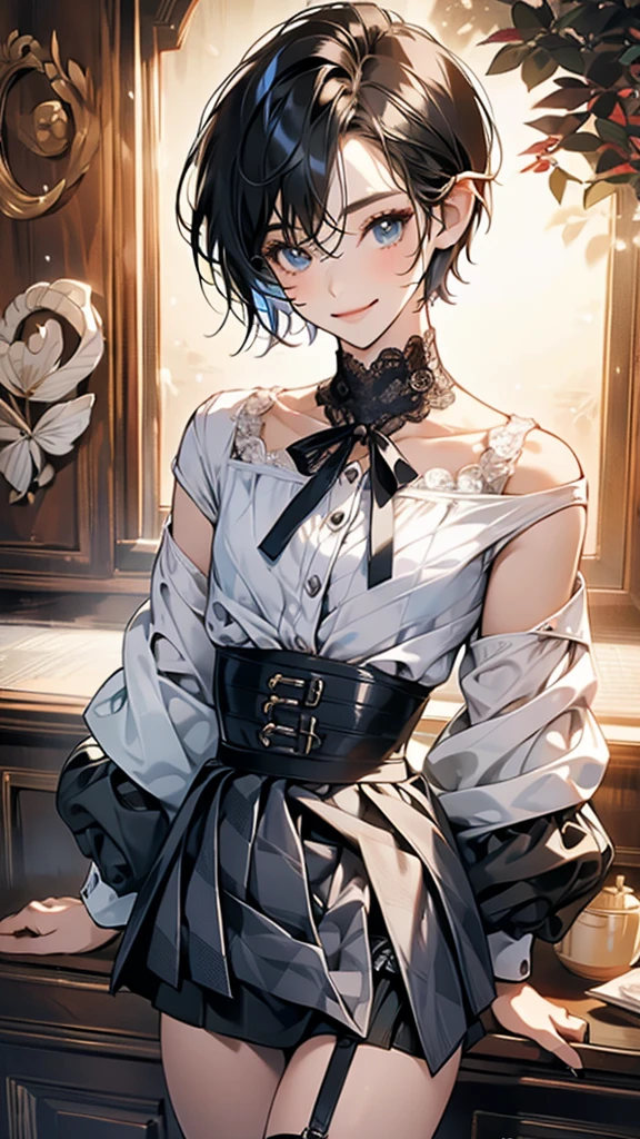 Best Quality, 1boy,Androgynous male,(Flat Chest:1.3),Black Hair,Short Bob Cut,(Off-the-shoulder blouse),Lace neck top,Long sleeve,Ribbon on wrist,(Checked mini skirt:1.5),Ribbon on waist,Vertical striped tights,Smiling Kindly,smile,Portraits, Inside a quiet cafe:1.5,Cafe staff,autumn,Detailed cloth texture,6 heads