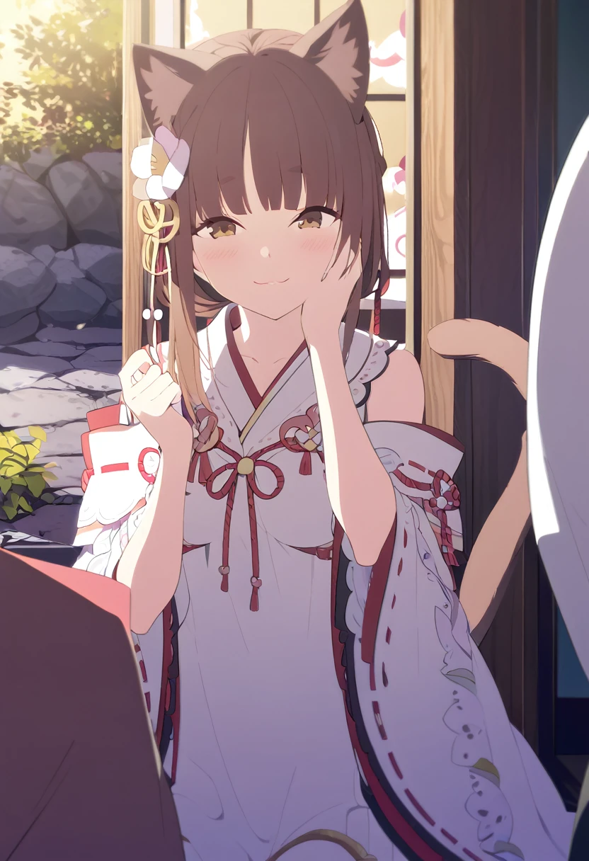 Viewer discretion advised、Masterpiece、One 、Shrine maiden costume、shrine、Cat ears and tail、Cute single tusk、Very small breasts、Brown Hair、An innocent smile、One fat man、A man and a girl are talking face to face、A distant view、A view that allows you to see the whole body