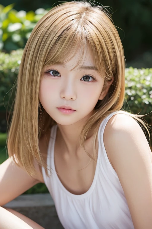 Create a photo of a korean Asian teenager,beautiful girl, ((blonde hair)),10yo,narrow eyes:1.5,slimface,armpits,whitetnaktop,nounderarmhair,littleageface
