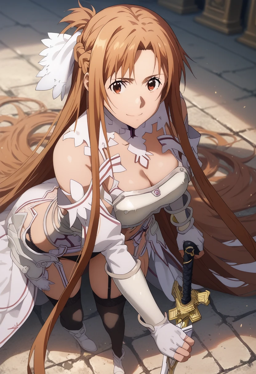 1girl, solo, asuna yuuki, Sword Art Online, (masterpiece)), (best quality), (highres), 16K, perfect face, long hair, bangs, brown hair, brown eyes, very long hair, braid, wearing white dress, armor, breastplate, white armor, black panties, fingerless gloves, garter straps, garter belt, black thighhighs, busty body, large breasts and a beautiful ass, showcasing cleavage, legs, hips, looking at viewer, smile, sword, holding a sword in hand, thigh details, detailed full body, castle background