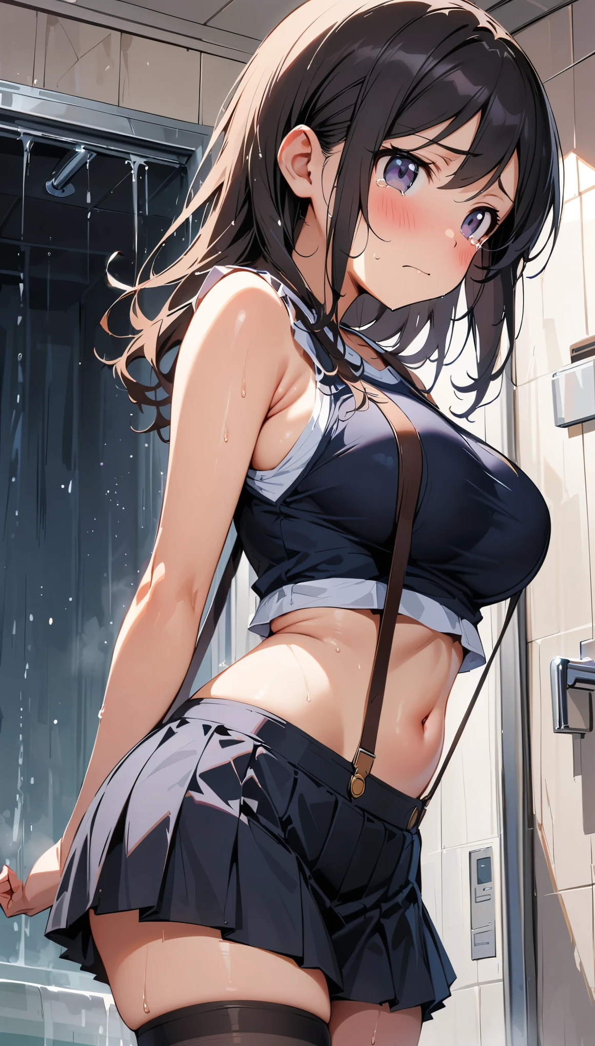 inoue_takina_lycorisrecoil　/　anime,Armpit sweat,Shyness,clear,Long Black Hair,Topless,High exposure,Having my armpits licked,His arms are tied and he is hanging from a rope,A man is groping her breasts