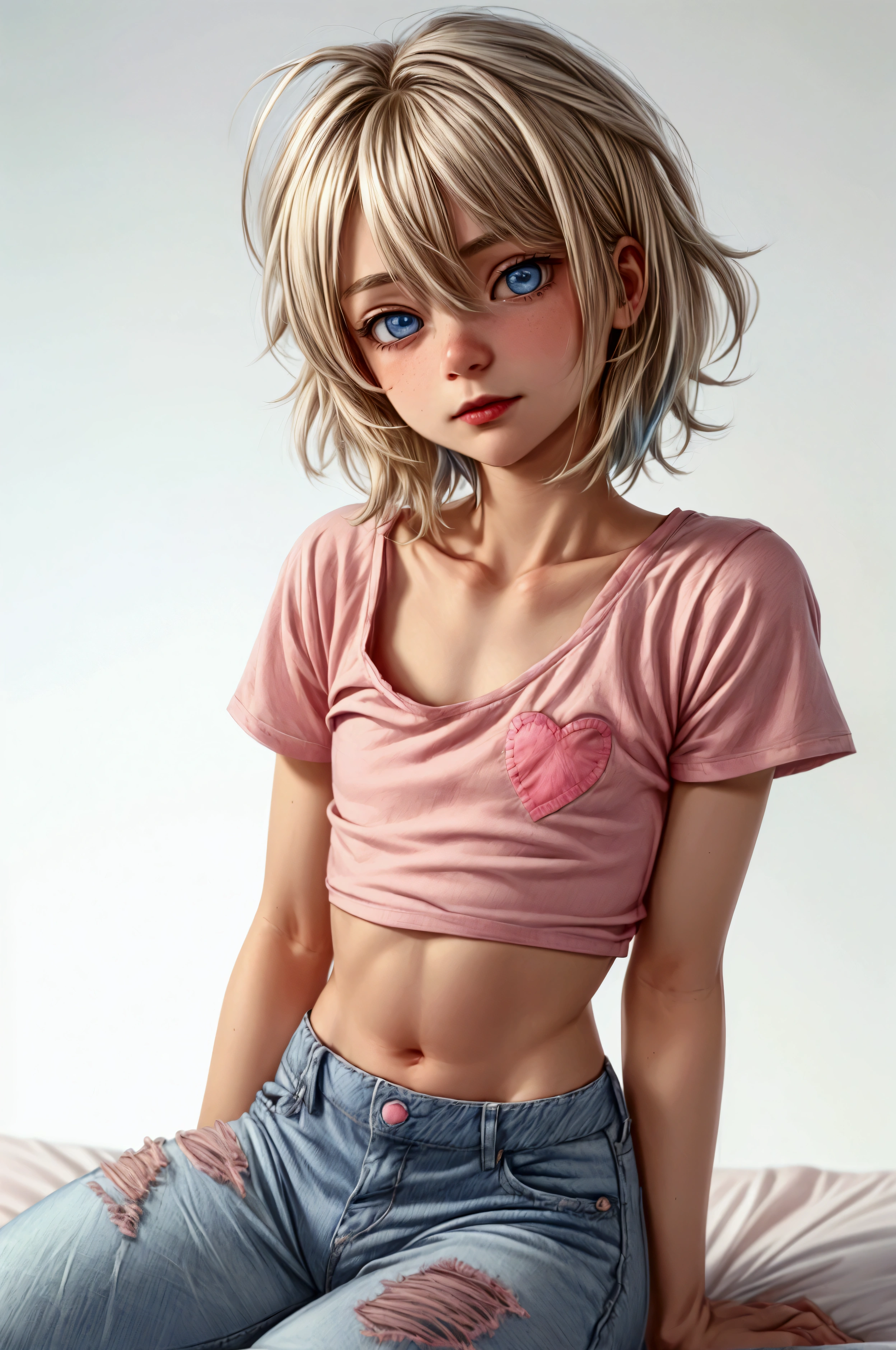 Anime style, Highres, Masterpiece, Best quality at best, Best Quality, hight quality, hight detailed, 1boy, (), blonde boy, boy face, boy body, cute boy, femboy, detailed light blue eyes, short hair, messy hair, bangs, pastel rainbow inner hair color mesh, shy smile, boy flirty posing, sitting on bed, wears a pink and white striped wears a pink and white striped short sleeve cropped T-shirt, (no breast), bare arms, smooth tummy, dark blue denim high waist skinny jeans, (pink hearts embroidered on jeans), (tiny bulge on jeans), boy body, Standing, sunny afternoon on the street, highest quality,