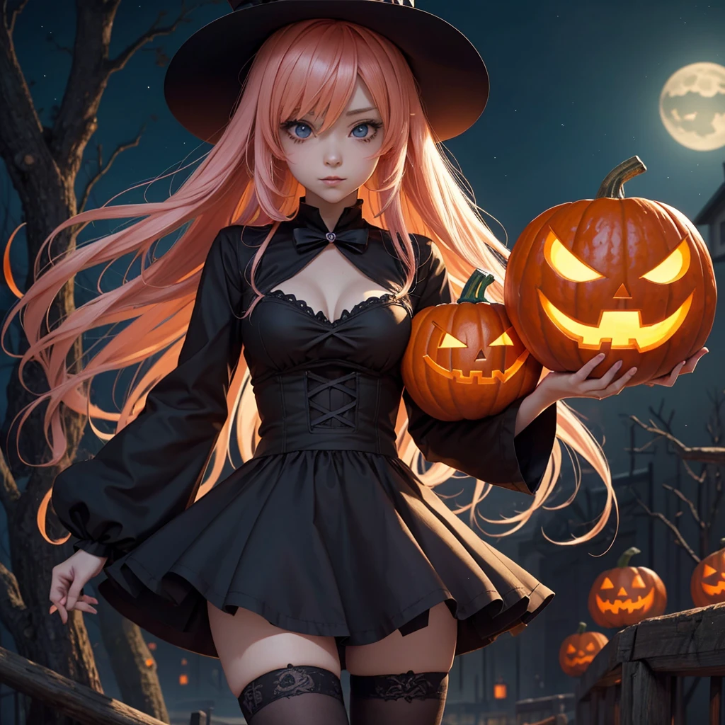 Charming beautiful Halloween witch woman, Ruffled sensual gothic stripe clothes, Pointy hat, Barely clothed, With moon and pumkin ornaments, Fly over fields full of breadkines, Full Moon Night, Fantasy Theme, Beautiful D&d character portrait, sinister, Dark Fantasy, Detailed, Digital Art, Extreme Detail, Polished, Beautiful, hyperdetails, Convoluted, Elaborate, meticulous, Anime Character, Detailed, Anime Face, Sharp Focus, Unreal Engine, 3d rendered, Volumetric lighting, Reflectors, Glossy, Digital Illustration, Sensual Pose, suggestive pose, obscenity, Full body shot, Anatomically correct 💖❤💕💋❣