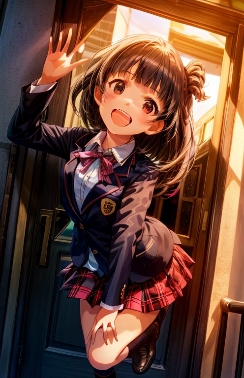 ,Highly detailed face, Well drawn hands, Well drawn legs,Well drawn feet,Well drawn eyes, 1girll, iku nakatani (million live) ,sobu high school uniform, Black blazer , White shirt, Red ribbon, Plaid skirts, Medium ass, One-handed straight，Held high，Waving in the air , at the doorstep of a school, pink door with a circular window, girl in between the door, Smiling, Open mouth, showing upper teeth, from front top view,