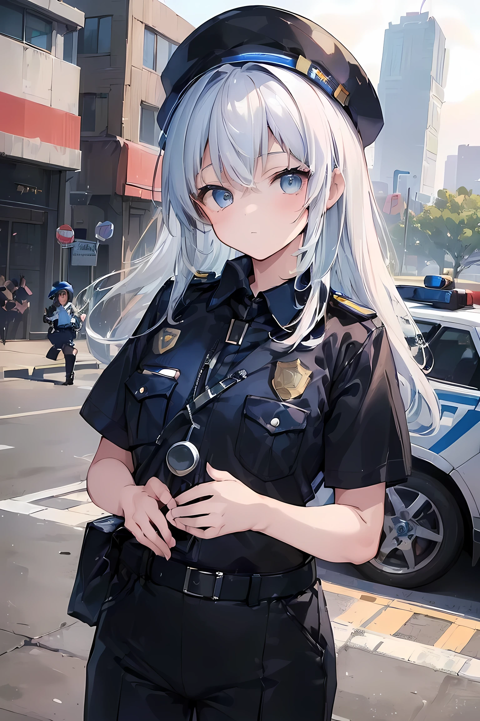 (Best Quality,masterpiece:1.3),Absurd,High resolution, ((2 young children),,***, Police Costume,Police officer&#39;s toddler,Hairstyle(Two Side Up)、Shota, whole body,Beret, On the rooftop by the large pool,Moonlight shines, Cover your crotch with your hands, Tops, Standing, Embarrassing, Wide Shot,