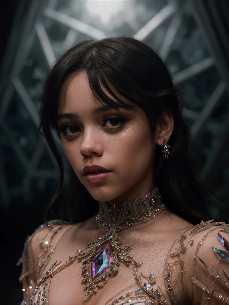 Jenna Ortega in a crystal bodysuit, beautiful detailed eyes, beautiful detailed lips, extremely detailed face and features, long eyelashes, intricate crystal embellishments, reflective crystalline textures, glowing crystal shards, striking dramatic lighting, cinematic composition, dark moody atmosphere, deep rich colors, hyper realistic, 8k, ultra detailed, masterpiece, concept art