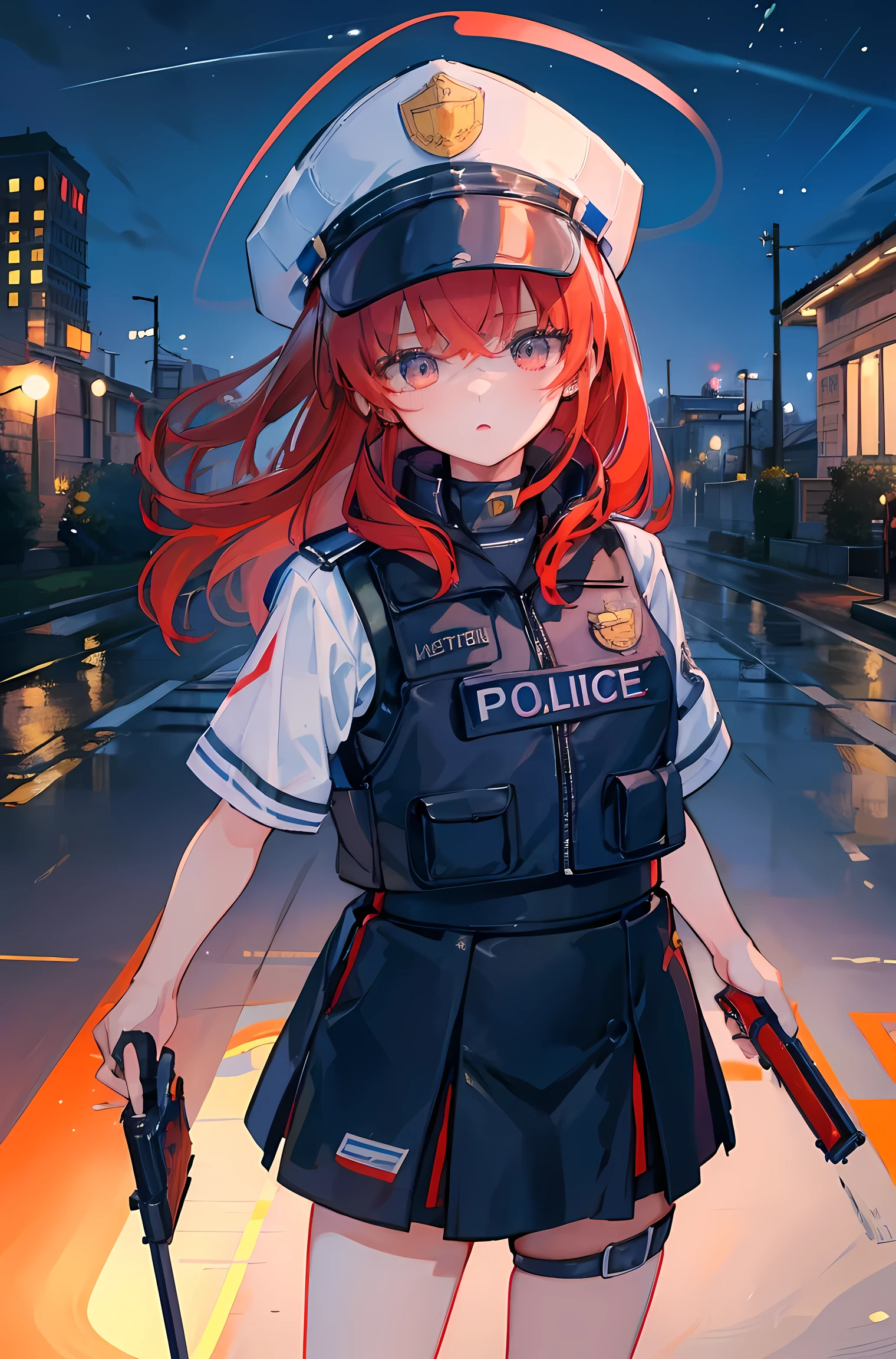 High resolution, (masterpiece:1.4), Very detailed, One junior high school student,night,Shooting training,Police Station,Police Officer Girl!,Toddler with a gun(),Makima-chan、Red Hair,Police officer costume, View from above, lighting, -0 hours