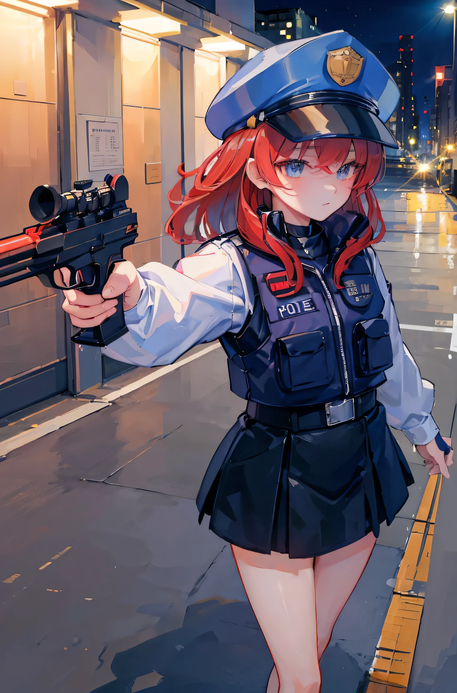 High resolution, (masterpiece:1.4), Very detailed, One ,night,Shooting training,Police Station,Police Officer Girl!,Toddler with a gun(),Makima-chan、Red Hair,Police officer costume, View from above, lighting, -0 hours