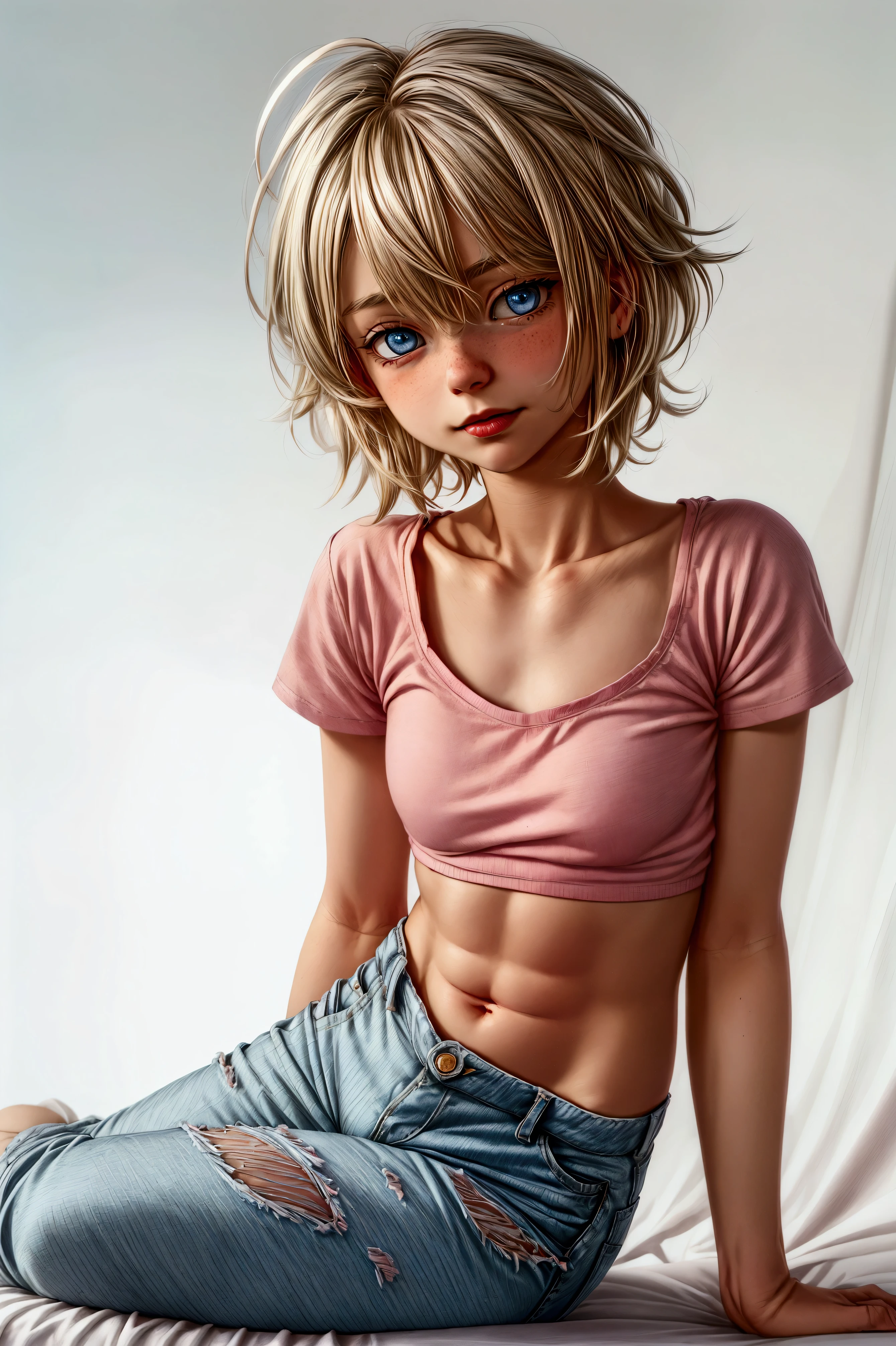 Anime style, Highres, Masterpiece, Best quality at best, Best Quality, hight quality, hight detailed, 1boy, (), blonde boy, boy face, boy body, cute boy, femboy, detailed light blue eyes, short hair, messy hair, bangs, pastel rainbow inner hair color mesh, shy smile, boy flirty posing, sitting on bed, wears a pink and white striped wears a pink and white striped short sleeve cropped T-shirt, (no breast), bare arms, smooth tummy, dark blue denim high waist skinny jeans, (pink hearts embroidered on jeans), (tiny bulge on jeans), boy body, Standing, sunny afternoon on the street, highest quality,